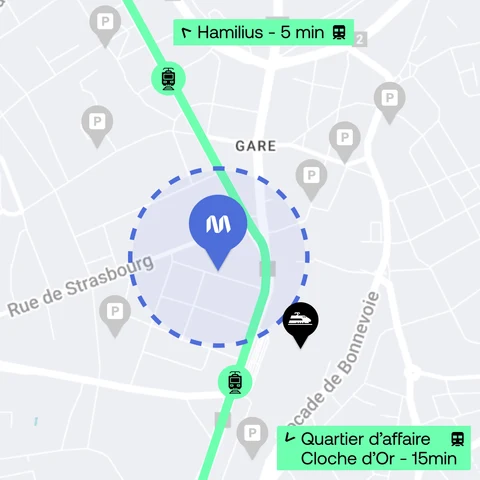 Carte du quartier Gare : repère MIMCO près de la rue de Strasbourg et de la gare centrale, ligne de tram vers Hamilius au nord et la Cloche d’Or au sud