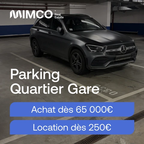 Publicité MIMCO : Parking Quartier Gare. Achat dès 65 000 €, location dès 250 €. Véhicule dans le parking couvert, avec les deux tarifs sur des bandeaux bleus.