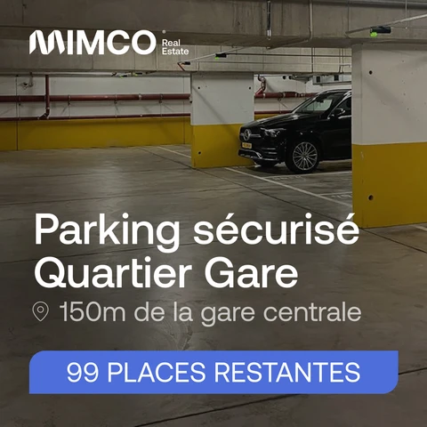 Publicité MIMCO : Parking sécurisé Quartier Gare, à 150 m de la gare centrale. 99 places restantes, sur un bandeau bleu, avec une vue de l’intérieur du parking.